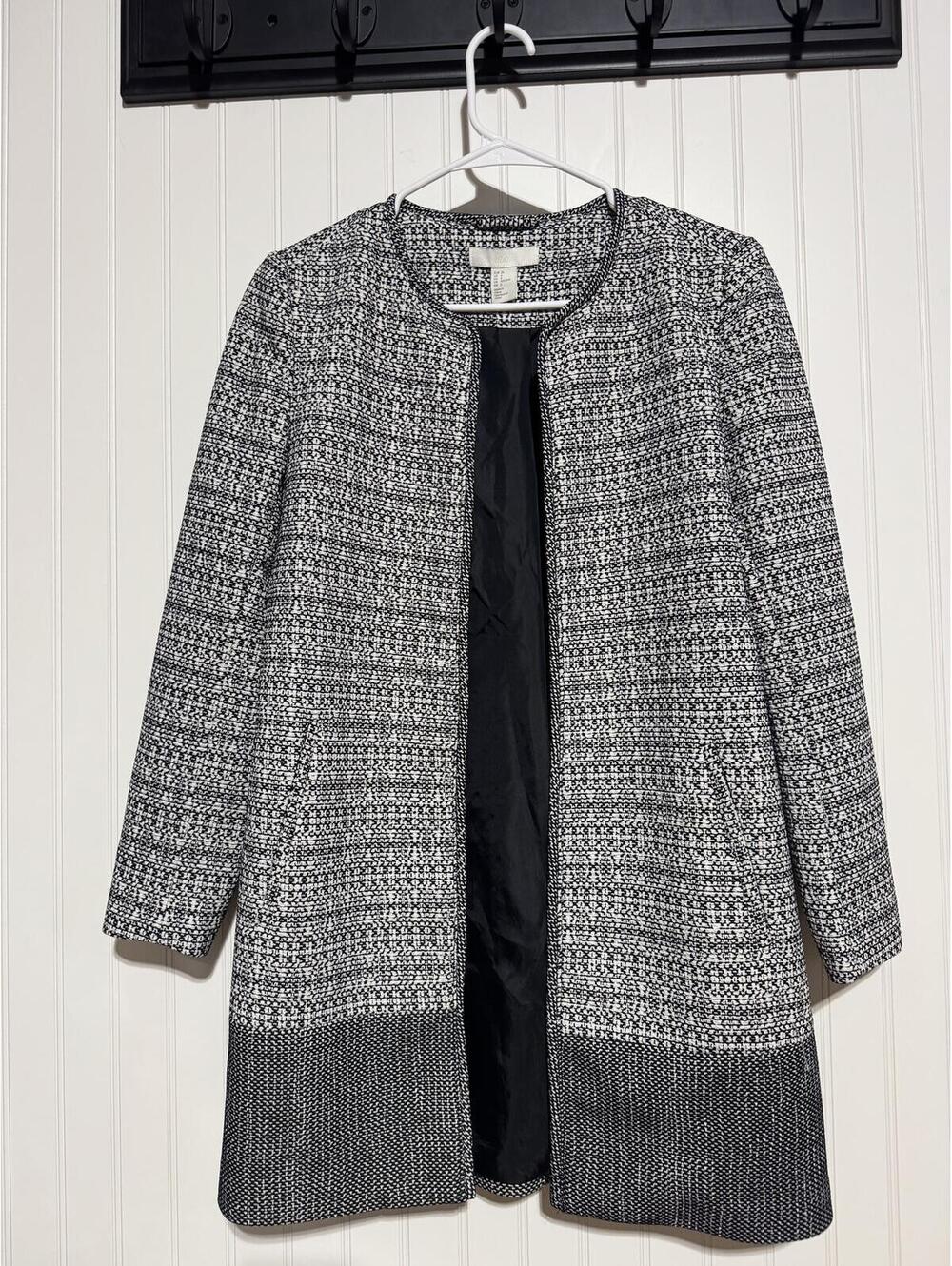 H&M Textured Weave Open Front Collarless Coat Womens Size 6 Black White Long